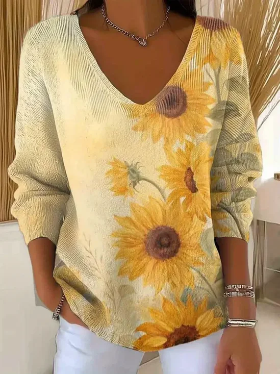 Women's Long Sleeve T-shirt Spring/Fall Yellow Floral Printing V Neck Daily Going Out Casual Top