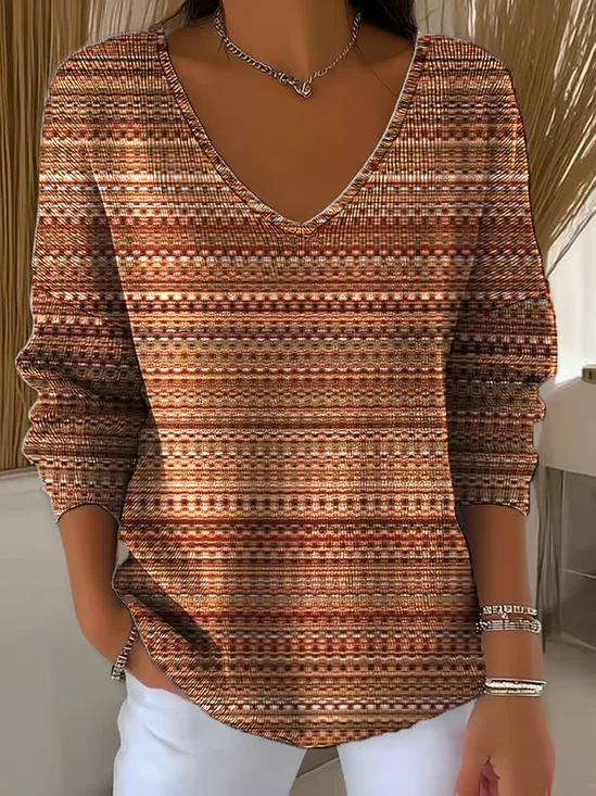 Women's Long Sleeve T-shirt Spring/Fall Brown Abstract Stripes Printing V Neck Daily Going Out Casual Top