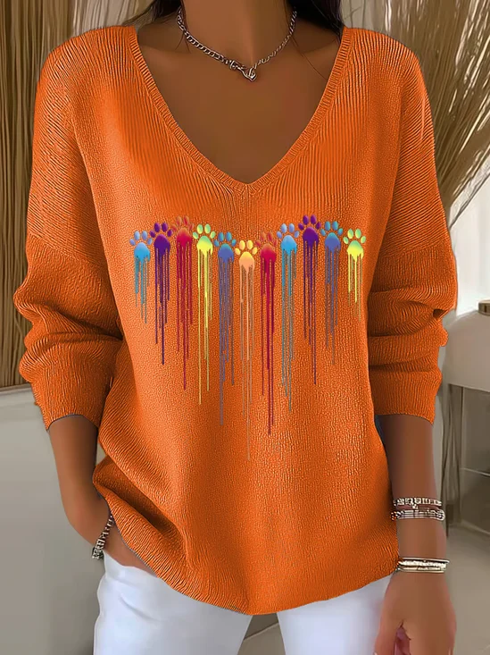 Women's Colorful Dog Heart Paw Print Casual Knitted Top
