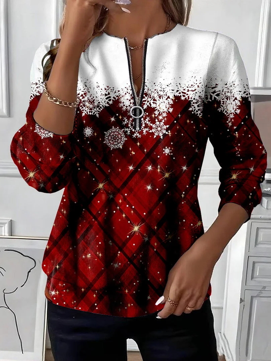 Women's Christmas Print Casual Zipper Long Sleeve Sweatshirt