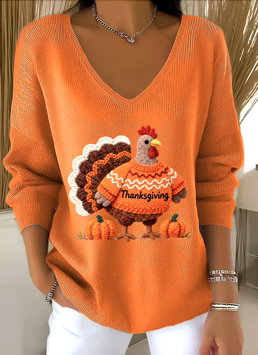 Casual V Neck Cotton Animal Sweater