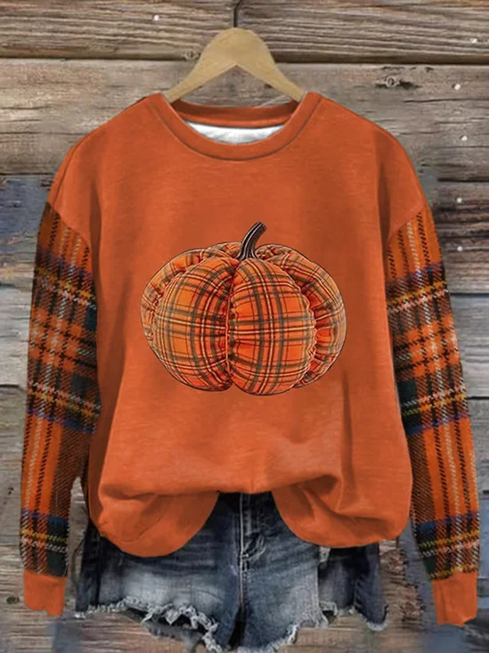 Crew Neck Casual Plaid Loose Sweatshirt