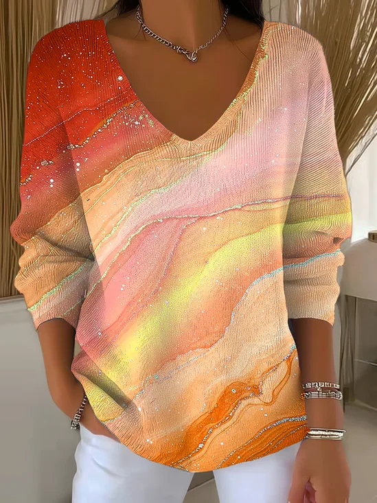 Women's Long Sleeve T-shirt Spring/Fall Orange Abstract Printing V Neck Daily Going Out Casual Top