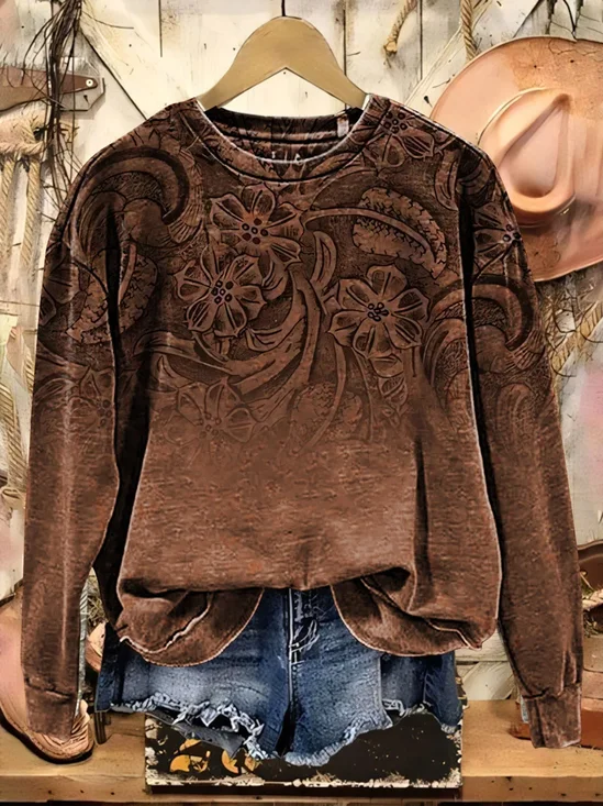Crew Neck Printing Casual Floral Sweatshirt