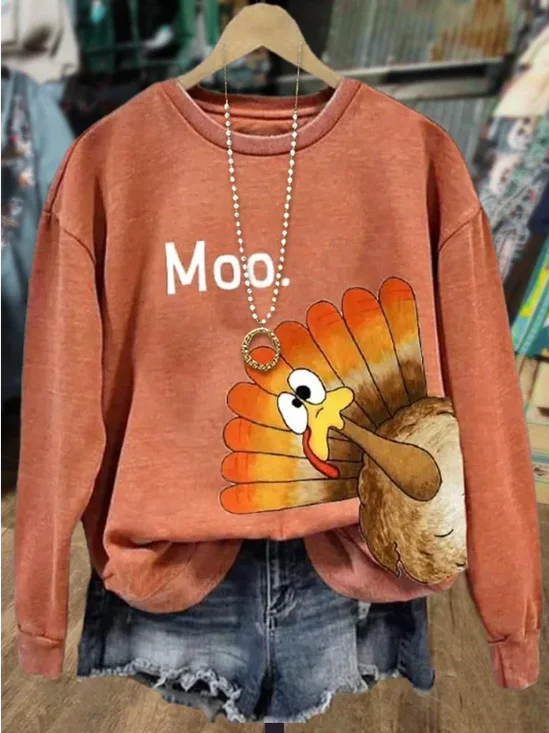 Women's Turkey Print Thanksgiving Crew Neck Sweatshirt