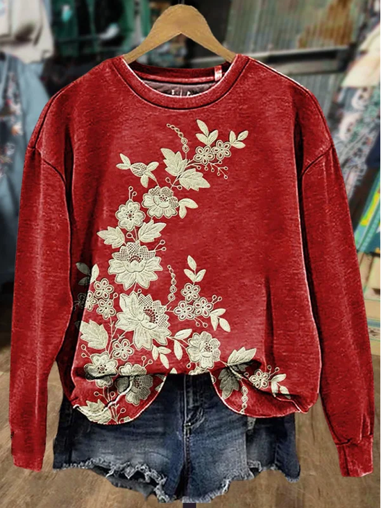 Floral Casual Crew Neck Printing Sweatshirt