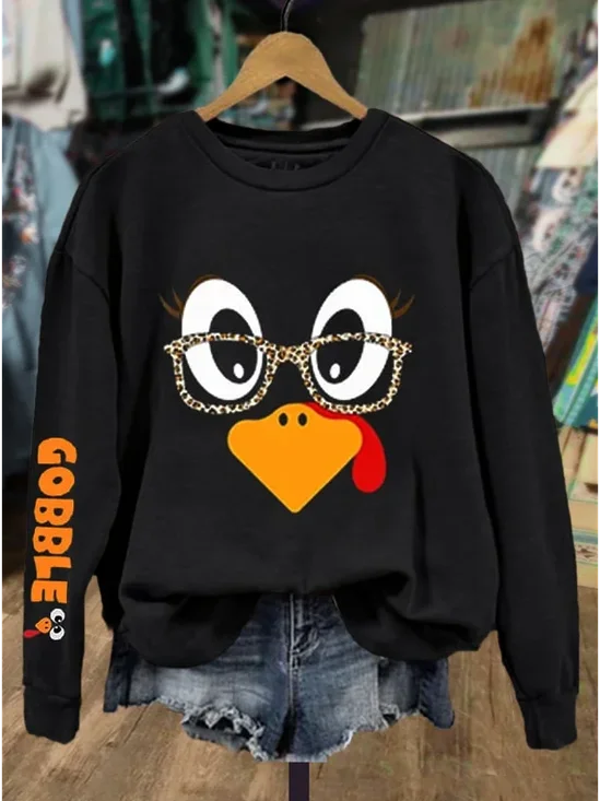Women's Turkey Print Thanksgiving Crew Neck Sweatshirt