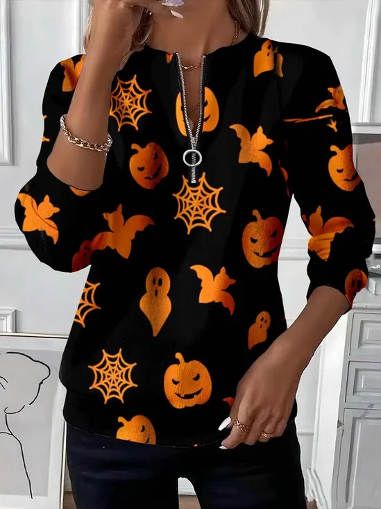 Women's Halloween Print Casual Zipper Long Sleeve Sweatshirt