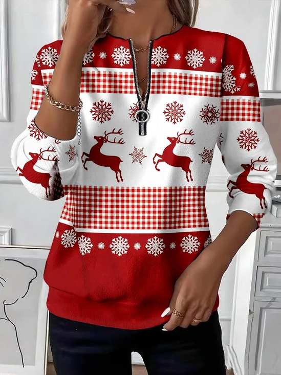 Women's Christmas Sequin Print Casual Zipper Long Sleeve Sweatshirt