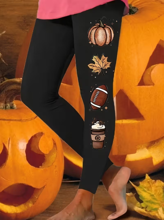 Women's Halloween Pumpkin Maple Leaf Autumn Print Casual Leggings