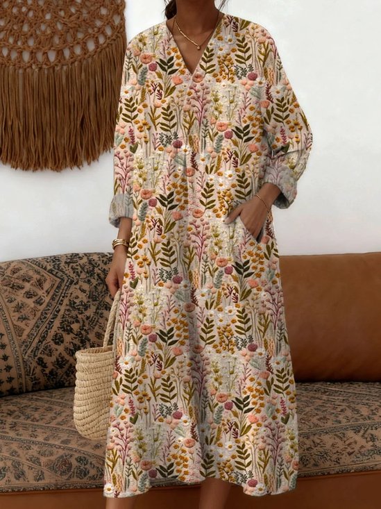 Loose V Neck Linen Blend Vintage Dress With No