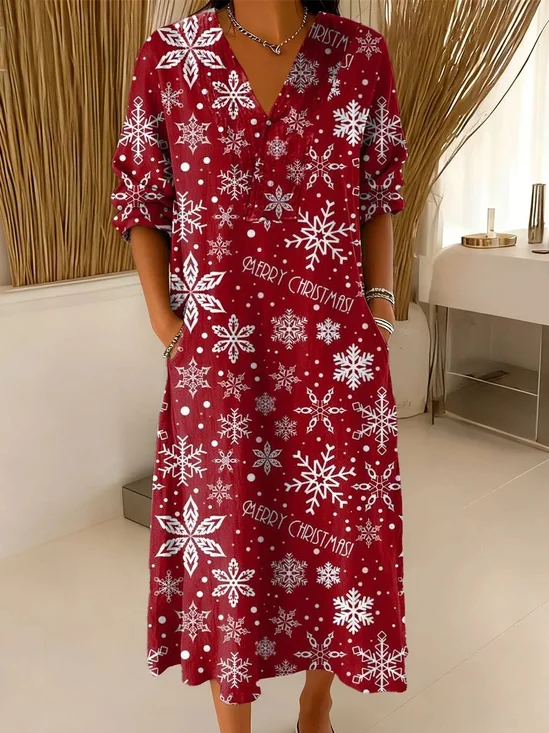 V Neck Linen Blend Casual Dress With No