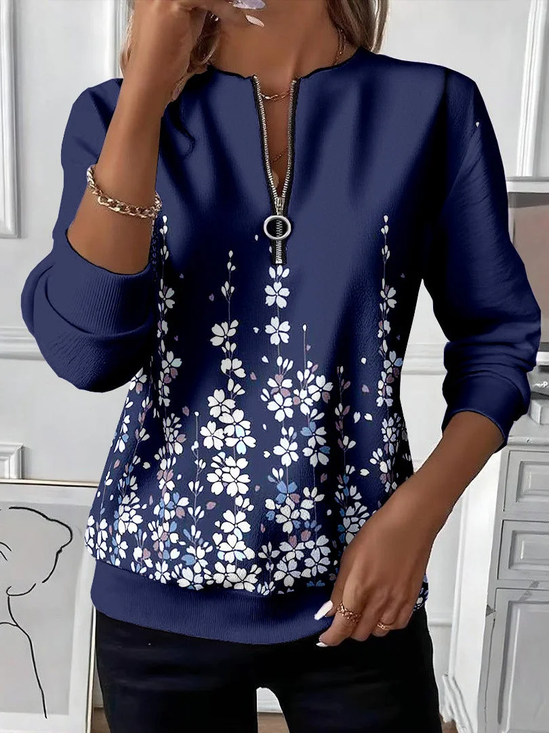 Women's Floral Print Casual Zip-Up Long Sleeve Sweatshirt