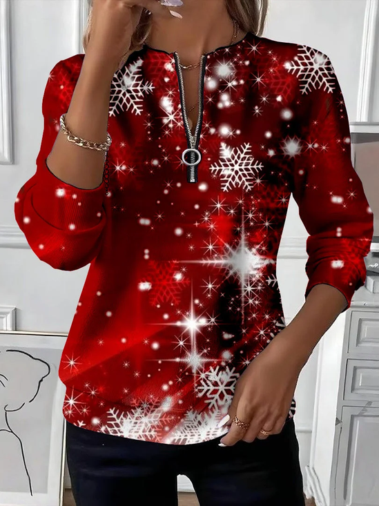 Women's Christmas Print Casual Zipper Long Sleeve Sweatshirt