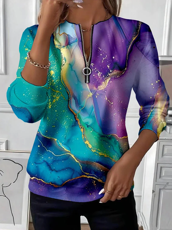 Women's Abstract Print Casual Zipper Long Sleeve Sweatshirt