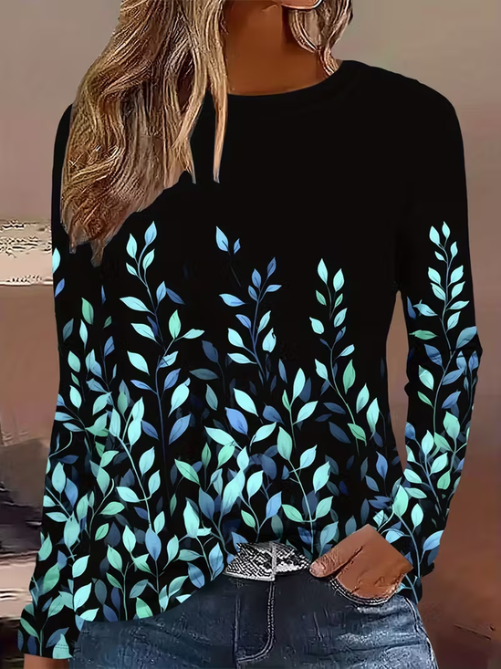 Women's Long Sleeve T-shirt Spring/Fall Black Leaf Printing Jersey Crew Neck Daily Going Out Casual Top