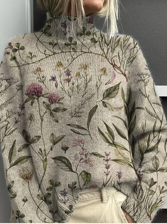 Women's Floral Print Casual Turtleneck Long Sleeve Sweater