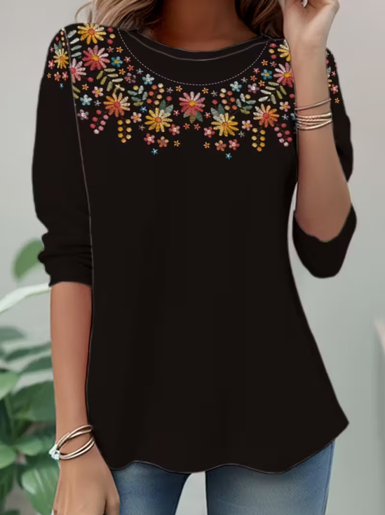 Women's Long Sleeve T-shirt Spring/Fall Black Floral Jersey Crew Neck Daily Going Out Casual Top