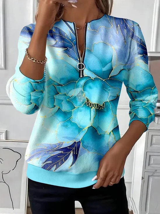 Women's Abstract Print Casual Zipper Long Sleeve Sweatshirt