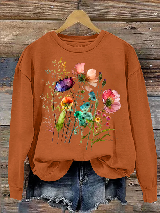 Women's Cotton Floral Print Crew Neck Sweatshirt Casual Sweatshirt