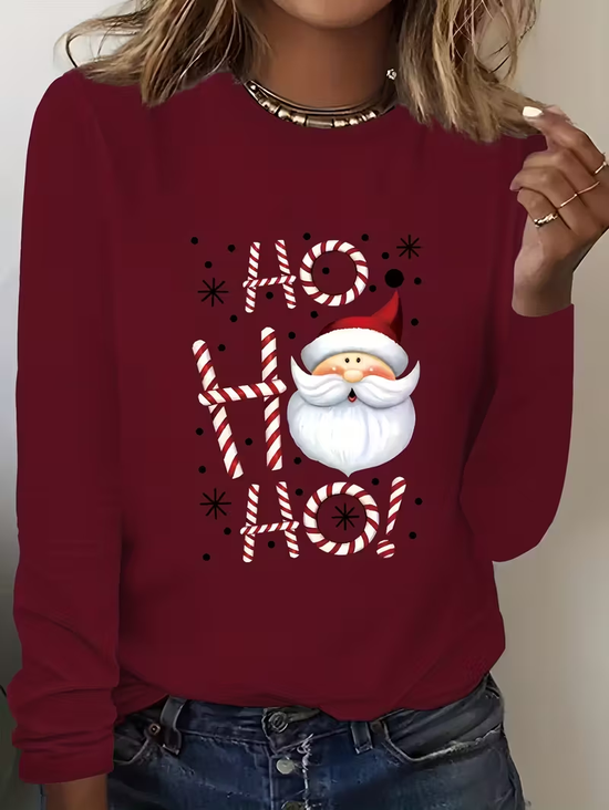 Women's Long Sleeve T-shirt Spring/Fall Wine Red Christmas Printing Jersey Crew Neck Daily Going Out Casual Top