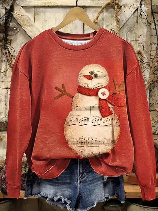 Printing Casual Christmas Snowman Crew Neck Sweatshirt