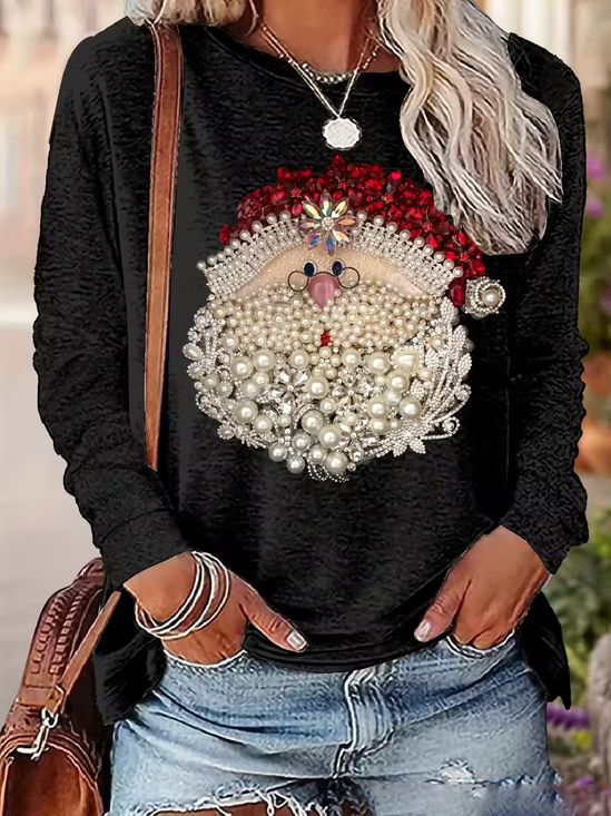 Women's Long Sleeve T-shirt Spring/Fall Black Christmas Printing Jersey Crew Neck Daily Going Out Casual Top