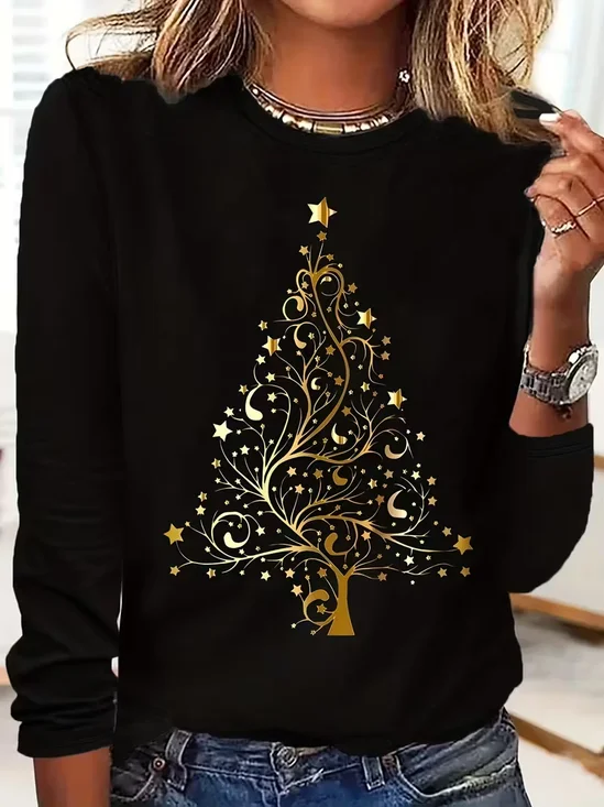Women's Long Sleeve T-shirt Spring/Fall Black Christmas Printing Jersey Crew Neck Daily Going Out Casual Top