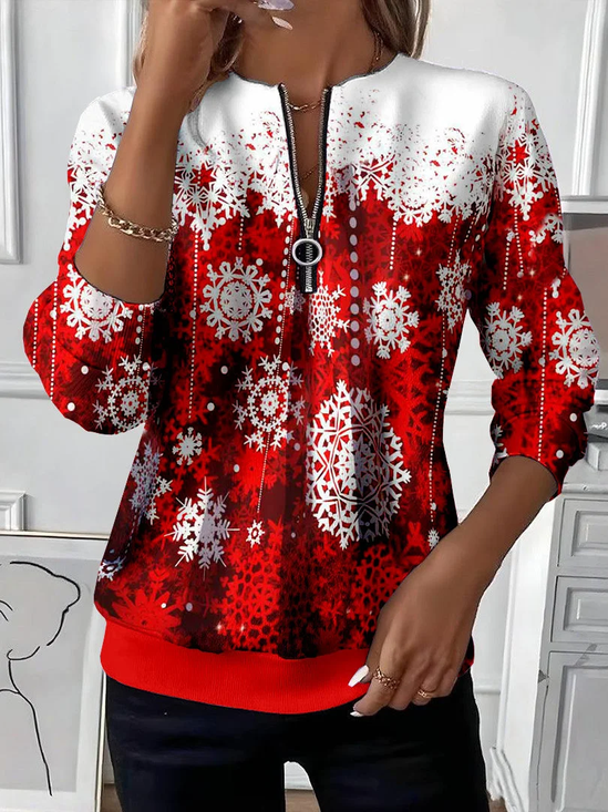 Women's Christmas Print Casual Zipper Long Sleeve Sweatshirt