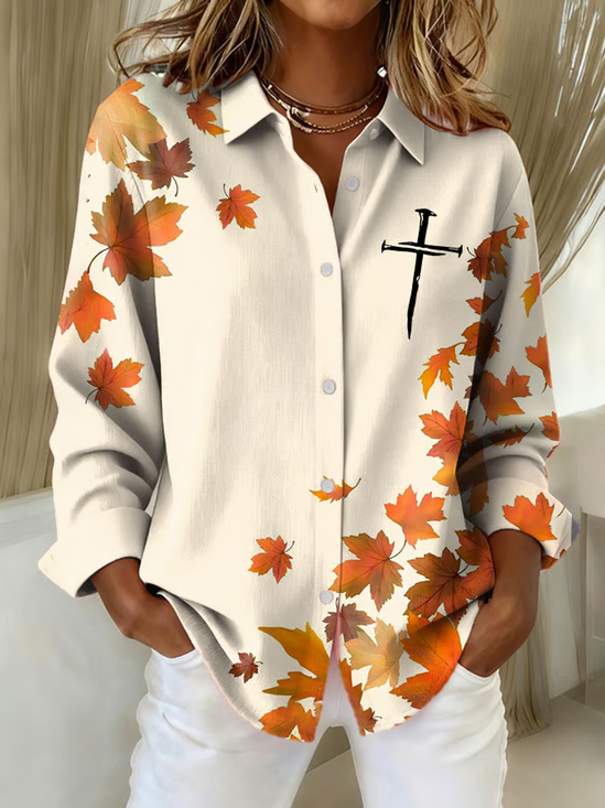 Women's Autumn Thanksgiving Fallen Leaves Cross Print Casual Lapel Shirt