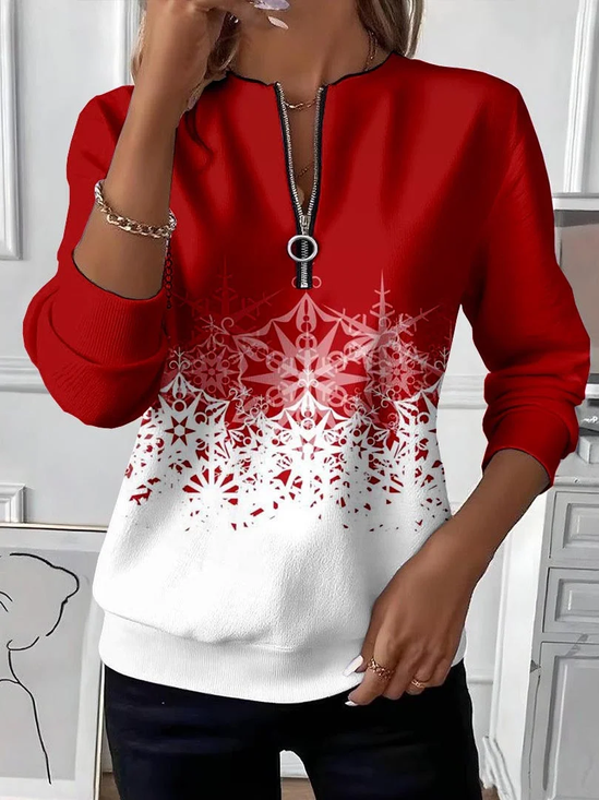 Women's Christmas Print Casual Zipper Long Sleeve Sweatshirt