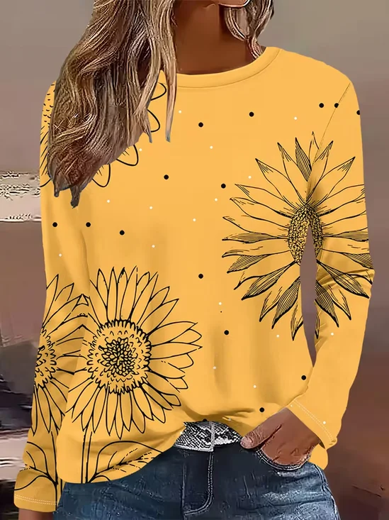 Women's Long Sleeve T-shirt Spring/Fall Yellow Sunflower Printing Jersey Crew Neck Daily Going Out Casual Top