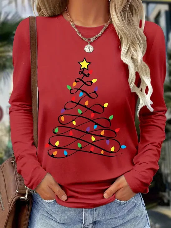 Women's Long Sleeve T-shirt Spring/Fall Red Christmas Printing Jersey Crew Neck Daily Going Out Casual Top