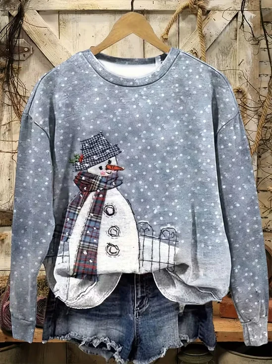 Casual Printing Crew Neck Christmas Snowman Sweatshirt
