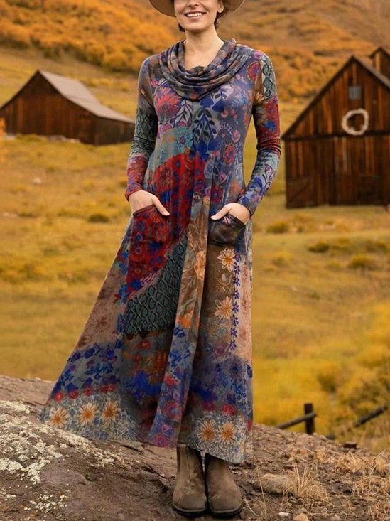 Cowl Neck Loose Casual Floral Dress With No Belt