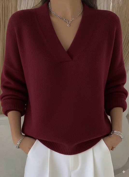Plain Casual V Neck Loose Sweater