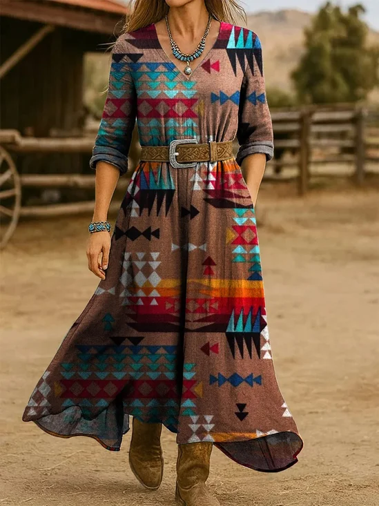 V Neck Ethnic Geometry Vintage Dress With No