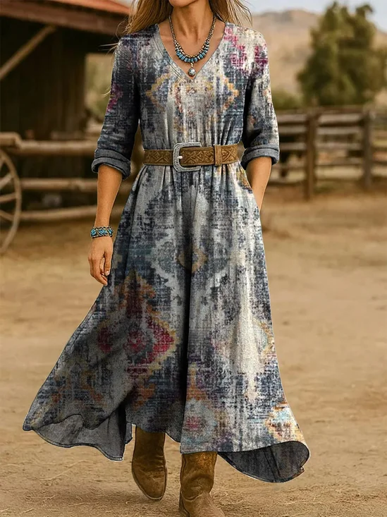Vintage V Neck Gradient Pattern Dress With No