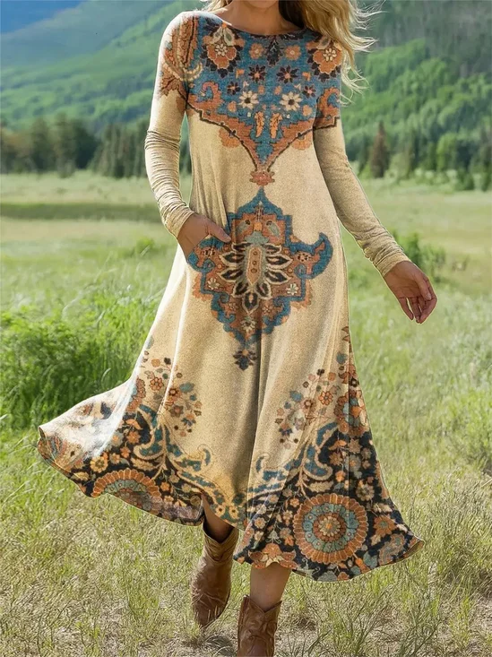 Geometric Ethnic Crew Neck Dress With No