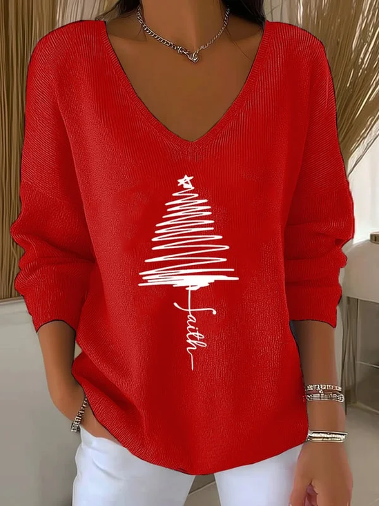 Women's Long Sleeve T-shirt Spring/Fall Red Christmas Printing V Neck Daily Going Out Casual Top