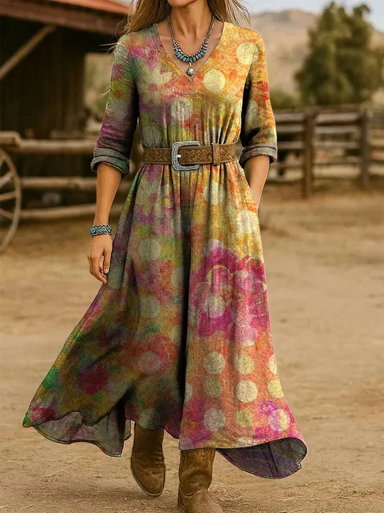 Casual V Neck Gradient Pattern Loose Dress With No