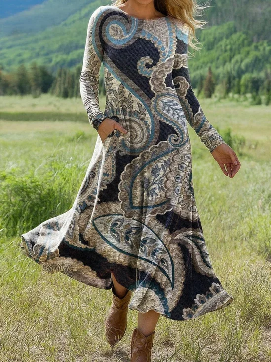 Boho Paisley Crew Neck Loose Dress With No