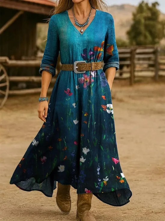 V Neck Vintage Loose Gradient Pattern Dress With No