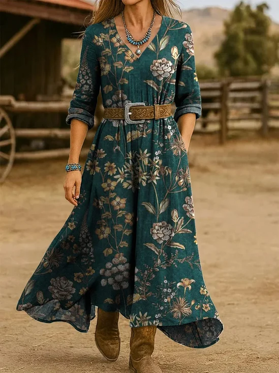Loose Floral V Neck Vintage Dress With No