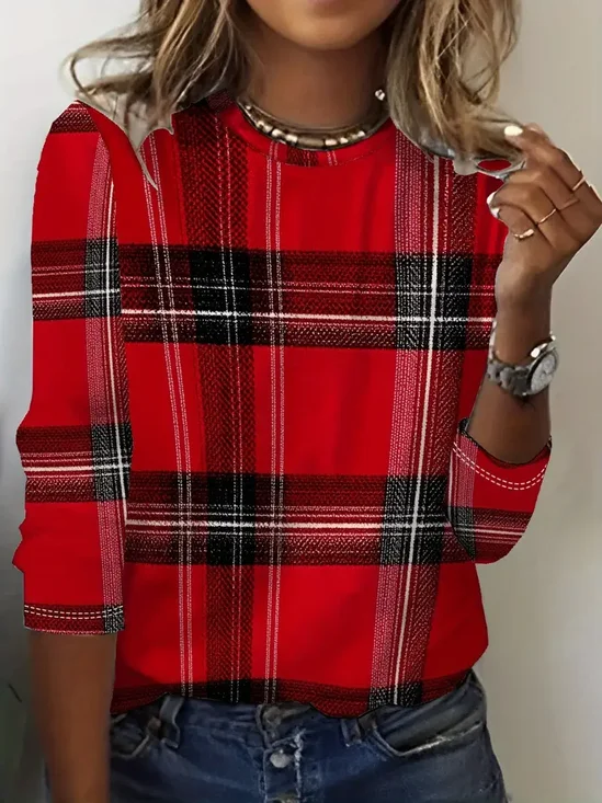 Women's Long Sleeve T-shirt Spring/Fall Red Plaid Printing Jersey Crew Neck Daily Going Out Casual Top