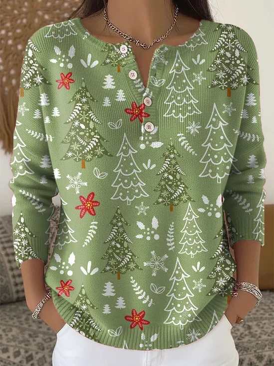 Women's Christmas Print Classic Casual Knit Button Sweater