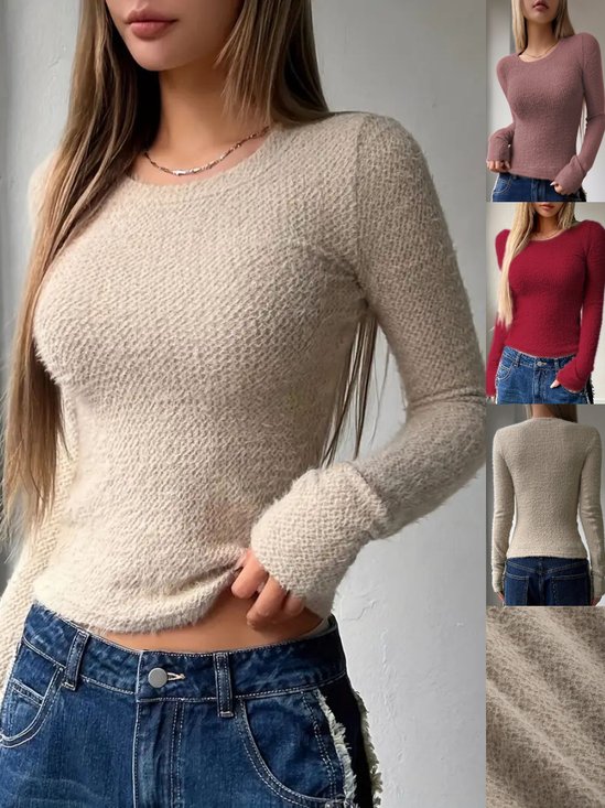 Women's Long Sleeve T-shirt Spring/Fall Khaki Plain Split Joint Crew Neck Daily Going Out Casual Top