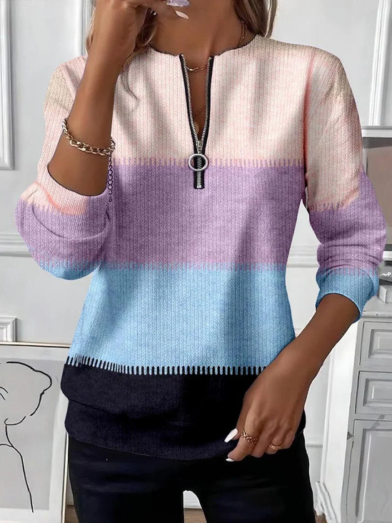 Women's Colorblock Printed Casual Zipper Long Sleeve Sweatshirt