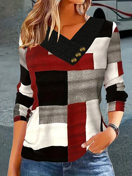 Women's Long Sleeve T-shirt Spring/Fall Red Abstract Printing Cross Neck Daily Going Out Casual Top