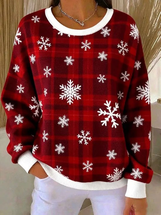 Regular Fit Snowflake Crew Neck Casual Sweatshirt